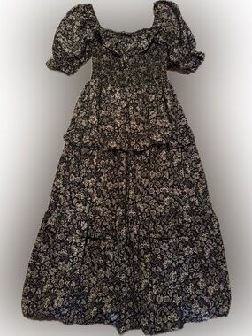 By the River Sz Large Black Floral Peasant Ruffle Maxi Dress with Puff Sleeves